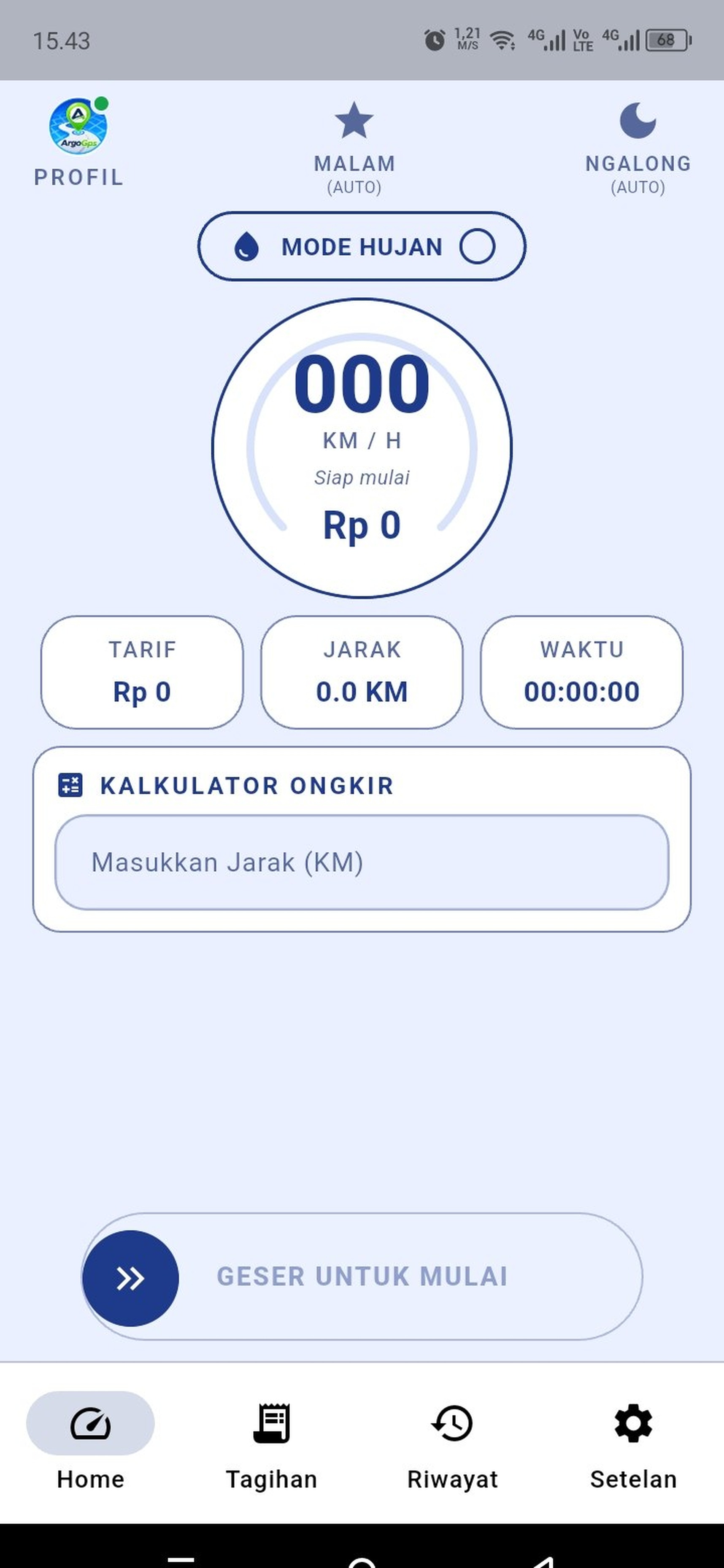 Tampilan utama ArgoGPS — odometer & kalkulator ongkir