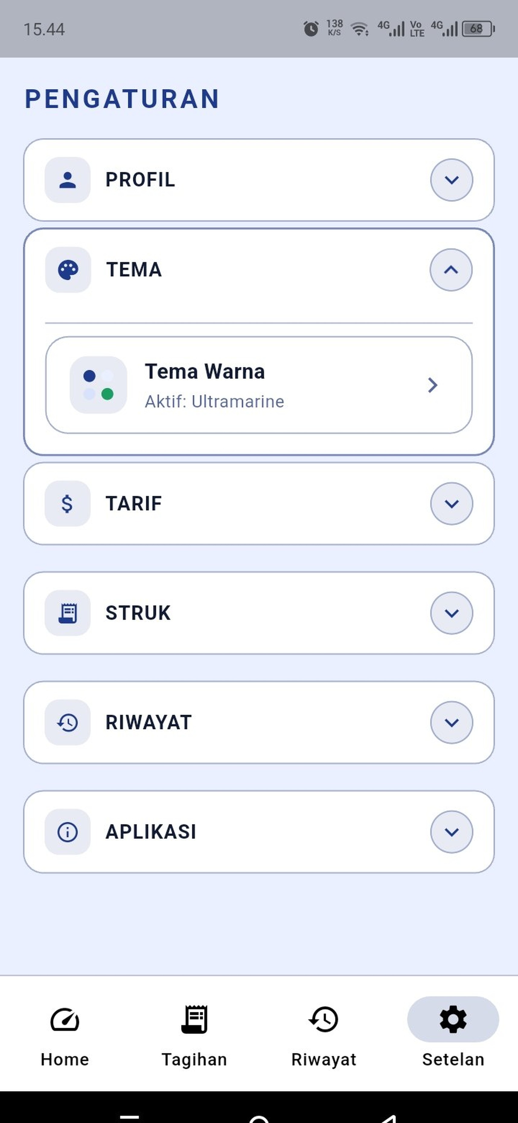 Halaman pengaturan ArgoGPS — profil, tema, tarif, struk, riwayat, aplikasi
